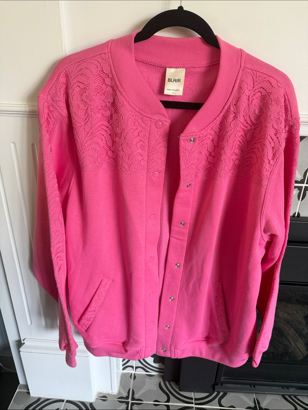 Blair Pink Lace Yoke Snap-Front Cardigan Bomber  Jacket Style